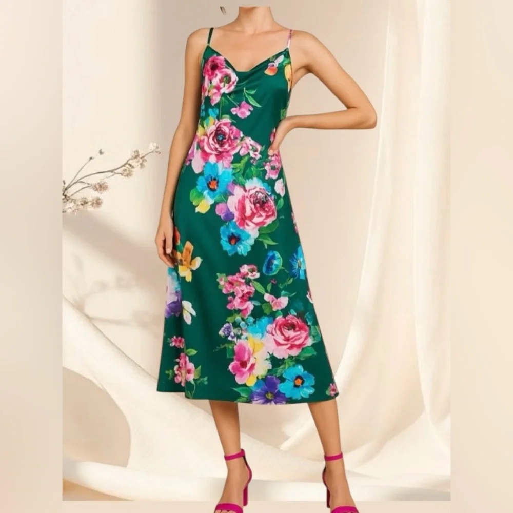 Emerald Green Floral Satin Midi Slip Dress - Picture 3 of 7